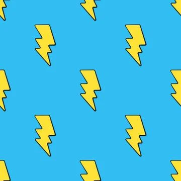 Seamless pattern with cute yellow electric lightning bolts at pop art style Stock Illustration