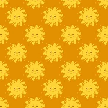 Seamless pattern. Cute yellow sun with face and smile on an orange background Stock Illustration