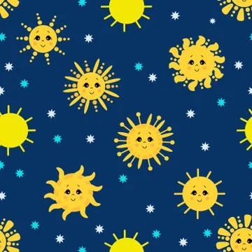Seamless pattern. Cute yellow sun with face and smile on a blue background with Stock Illustration