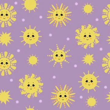 Seamless pattern. Cute yellow sun with face and smile on a Lilac background with Stock Illustration