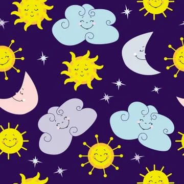 Seamless pattern. Cute yellow sun, moon and clouds on a purple background with イラスト素材