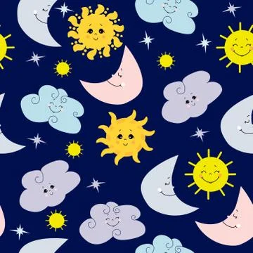 Seamless pattern. Cute yellow sun, moon and clouds on a purple background with イラスト素材