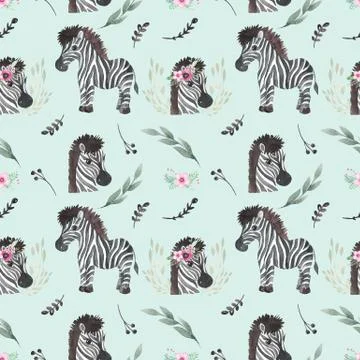 Seamless pattern of Cute Zebra with flower Blue background, baby shower, wall Illustrazione stock