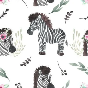 Seamless pattern of Cute Zebra with flower White background, baby shower, wal Stock Illustration