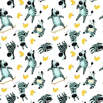 Seamless pattern with cute zebras and banans Illustrazione stock