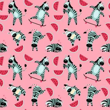 Seamless pattern with cute zebras and watermelon Illustrazione stock