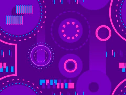 Seamless pattern in cyberpunk style, 80s retro futurism. Linear art and circl Stock Illustration