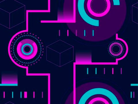 Seamless pattern in cyberpunk style, 80s retro futurism. Linear art and circl Stock Illustration