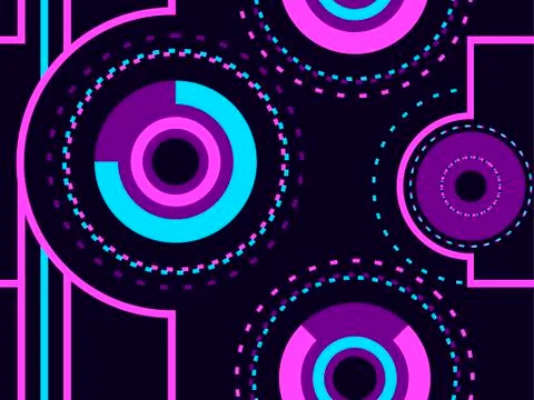 Seamless pattern in cyberpunk style, 80s retro futurism. Linear art and circl Illustrazione stock