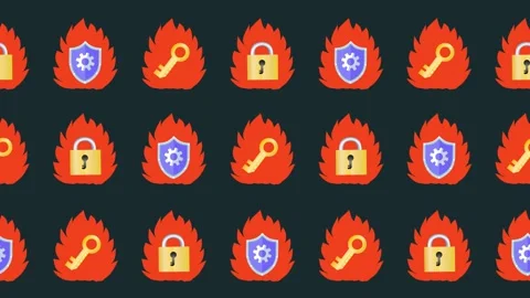 Seamless pattern of cybersecurity, lock, key, and firewall icons in fire cartoon Stock Footage 321953949