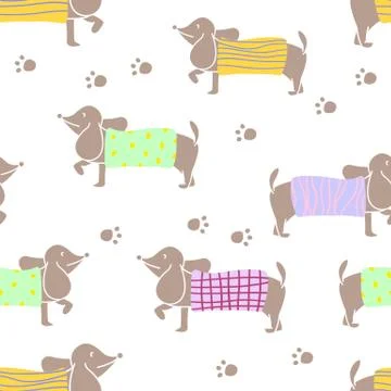 Seamless pattern with dachshund characters wearing knit sweater of various Stock Illustration
