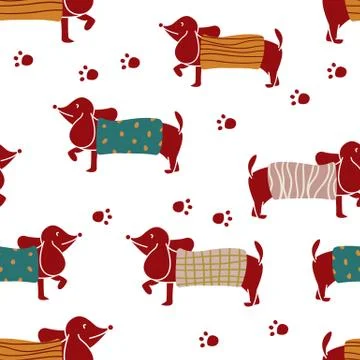 Seamless pattern with dachshund characters wearing knit sweater of various Stock Illustration