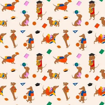 Seamless pattern with  Dachshunds dog ready for school Illustrazione stock