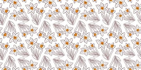 Seamless pattern with daffodil flower in line art style. Design for textile Stock Illustration