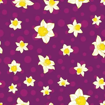 Seamless pattern daffodil flower on purple dots background Stock Illustration