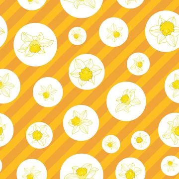 Seamless pattern of daffodil flowers and circles on orange diagonal stripes Stock Illustration