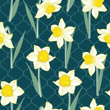 Seamless pattern of daffodil flowers on green Quatrefoil background Stock Illustration