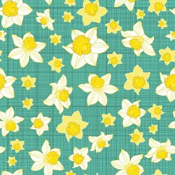Seamless pattern of daffodil flowers on green striped background Stock Illustration