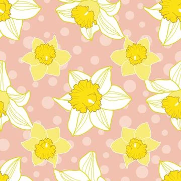 Seamless pattern of daffodil flowers on pink background with dots Illustrazione stock