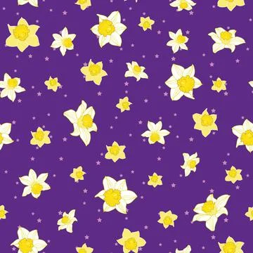 Seamless pattern with daffodil flowers on purple background and stars Stock Illustration