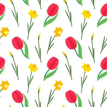 Seamless pattern with daffodils and tulips Stock Illustration