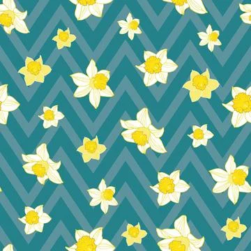Seamless pattern with daffodils on green chevron zigzag Stock Illustration