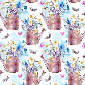 Seamless pattern with daffodils, violets, pussy-willow, pansies Stock Illustration