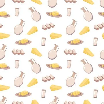 Seamless pattern with dairy products. Repeating icons of cheese, milk, eggs Stock Illustration