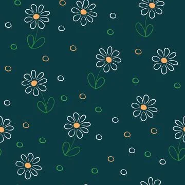 Seamless Pattern With Daisies, Leaves And Circles On Dark Background Stock Illustration