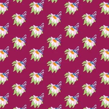 Seamless pattern daisy dragonfly Burgundy background postcards posters banners Stock Illustration