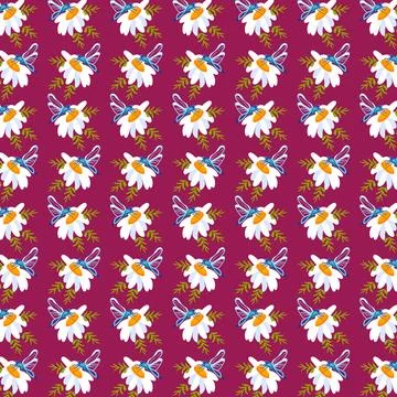 Seamless pattern daisy dragonfly Lilac background postcards posters banners Stock Illustration
