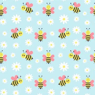 Seamless pattern of daisy flower and cartoon bee on blue background. Stock Illustration