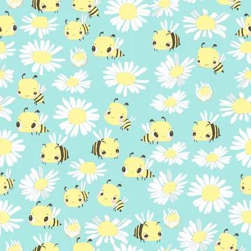 Seamless Pattern with Daisy Flower and Bees Cartoon on Blue Background Stock Illustration