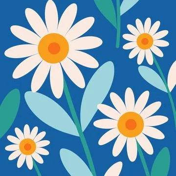 Seamless pattern with daisy flower and leaves on blue background vector ill.. Stock Illustration