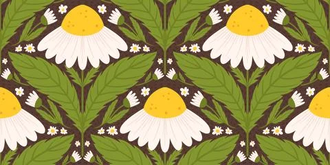Seamless pattern with daisy flower. Chamomile repeated design on brown Stock Illustration