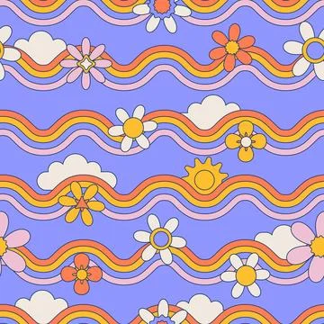 Seamless pattern with daisy flower, clouds and wavy rainbow on blue sky Stock Illustration
