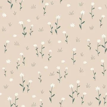 Seamless pattern with daisy flower. Small white flowers and green leaves on Illustrazione stock