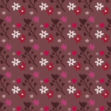 Seamless pattern with daisy flowers and branches on burgundy colors. Simple d Stock Illustration