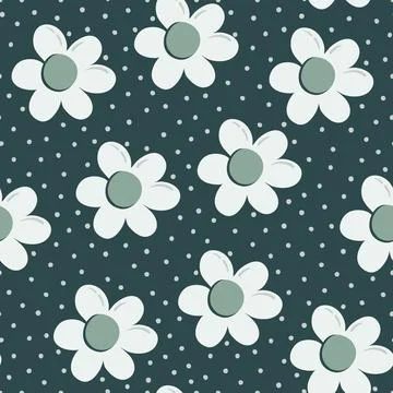 Seamless pattern with daisy flowers and polka dot ornament Illustrazione stock