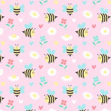 Seamless pattern of daisy flowers, bees, flowers and hearts on pink background. Stock Illustration