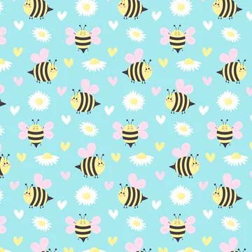 Seamless pattern of daisy flowers, cartoon bees and hearts on blue background Illustrazione stock