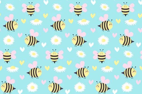 Seamless pattern of daisy flowers, cartoon bees and hearts on blue background イラスト素材