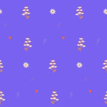 Seamless pattern with daisy flowers. Pretty backdrop with small flower, hearts 스톡 일러스트
