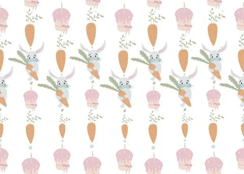 Seamless pattern with daisy garden and rabbits on pink background vector illu Stock Illustration