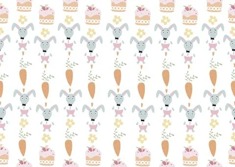 Seamless pattern with daisy garden and rabbits on pink background vector illu Stock Illustration