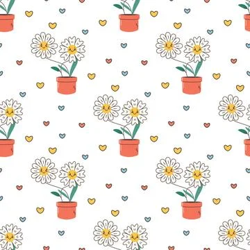 Seamless pattern daisy in pot, flower, with hearts, baby cute Stock Illustration