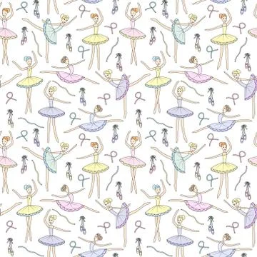 Seamless pattern with dancing ballerinas on a floral background. Vector Stock Illustration