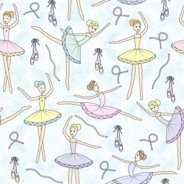 Seamless pattern with dancing ballerinas on a floral background. Vector Stock Illustration