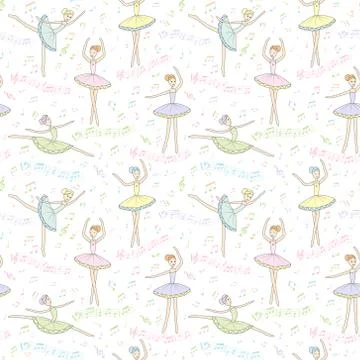 Seamless pattern with dancing ballerinas on a floral background. Vector Illustrazione stock