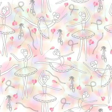 Seamless pattern with dancing ballerinas on a floral background. Vector Stock Illustration